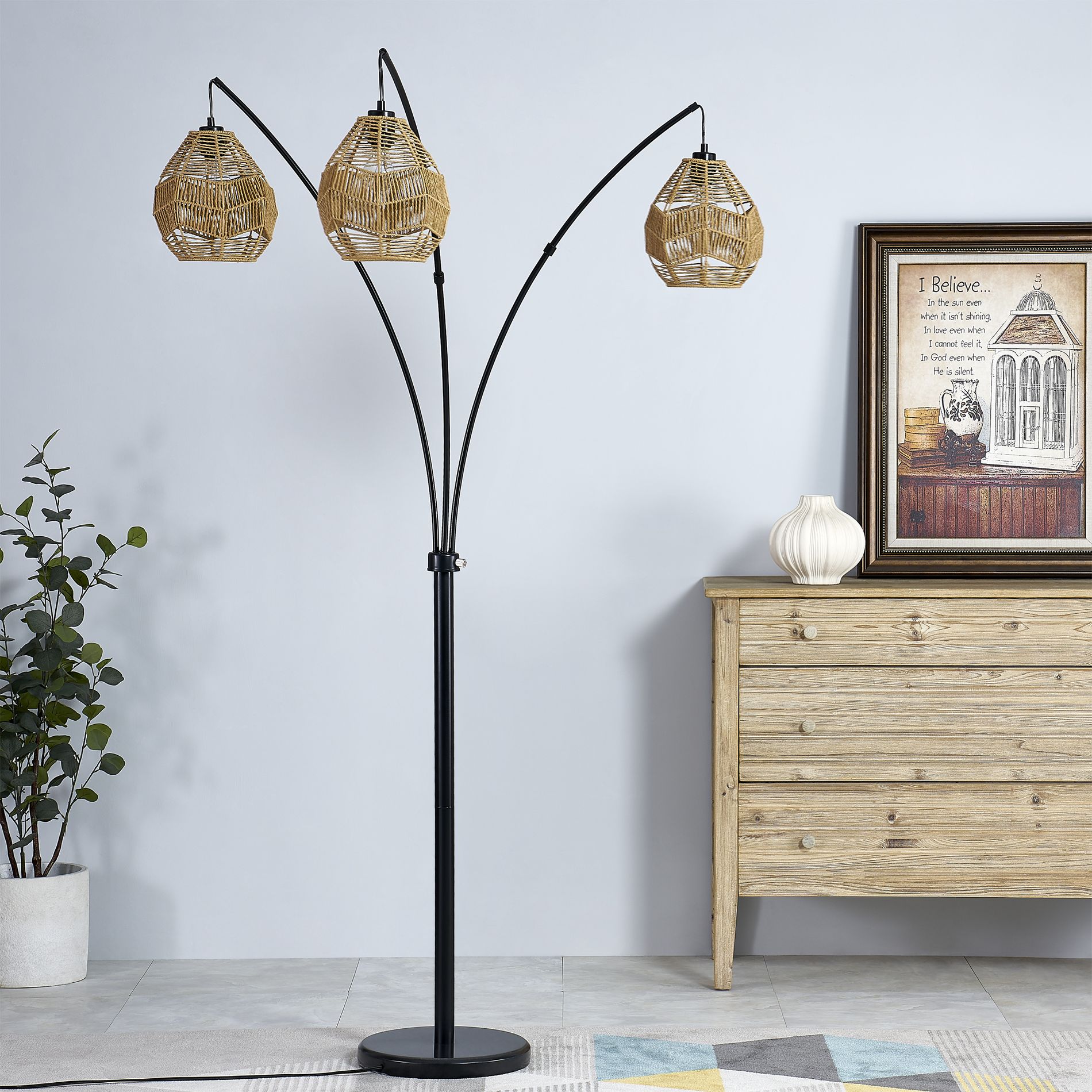 Maxax 76.5" Rattan Floor Lamps, 3 Lights Arc Farmhouse Boho Floor Lamp for Bedroom
