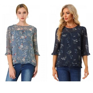 Allegra K Women's Round Neck Ruffle 3/4 Sleeve Floral Print Chiffon Blouse 2 Pcs - 1 of 4