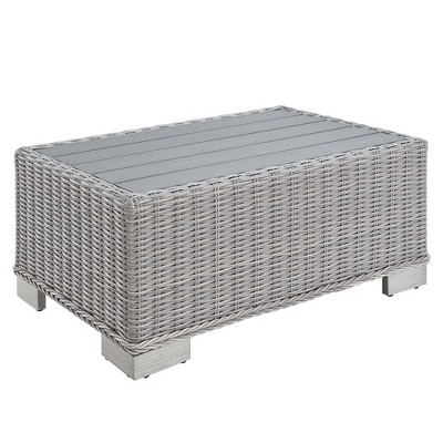 Modway Conway 32 Inch Outdoor Patio Wicker Rattan Coffee Table – Weather-Resistant PE Rattan Table with Glass Top and Storage Shelf