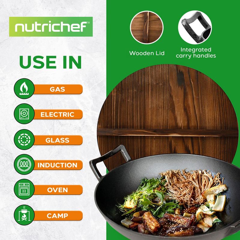 NutriChef Pre Seasoned Nonstick Cooking Wok Cast Iron Kitchen Stir Fry Pan with Wooden Lid for Gas, Electric, Ceramic, & Induction Countertops, Black, 3 of 8