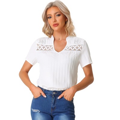 Allegra K Women's Summer V Neck Short Sleeve Crochet Trim Textured Top