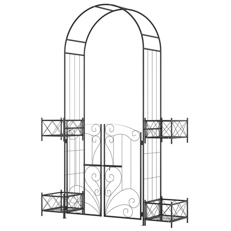 Outsunny 7' Metal Garden Arbor, Garden Arch with Gate, Scrollwork Hearts, Latching Doors, Planter Boxes for Climbing Vines, Ceremony, Weddings, Black, 4 of 7