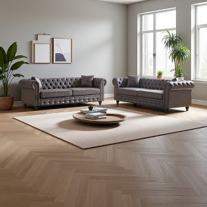 126" Tech Fabric Chesterfield 3+3 Seater Sofa Set with Rolled Arms & 4 Cushions - 1 of 4