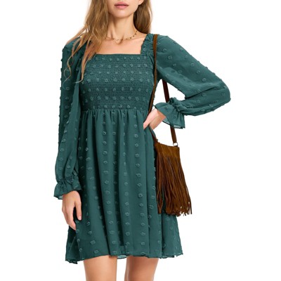 EXLURA Women's 2025 Summer Long Sleeve Party Swiss Dot Dress Smocked Ruffle Cocktail Mini Dresses