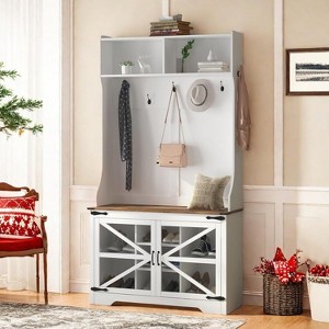Farmhouse Hall Tree, 4-in-1 Entryway Organizer with 7 Shoe Cubbies & 7 Hooks, Storage Bench for Mudroom/Hallway/Bedroom - 1 of 4