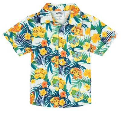 Pokemon Big Boys' Hawaiian Allover Print Button Front Shirt and Shorts Swim Outfit Pikachu Squirtle Green 8 — фото 2