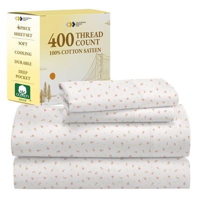 Cotton Sheets Set - Softest 400 Thread Count Bed Sheets, 100% Cotton Sateen, Cooling, Deep Pocket by California Design Den