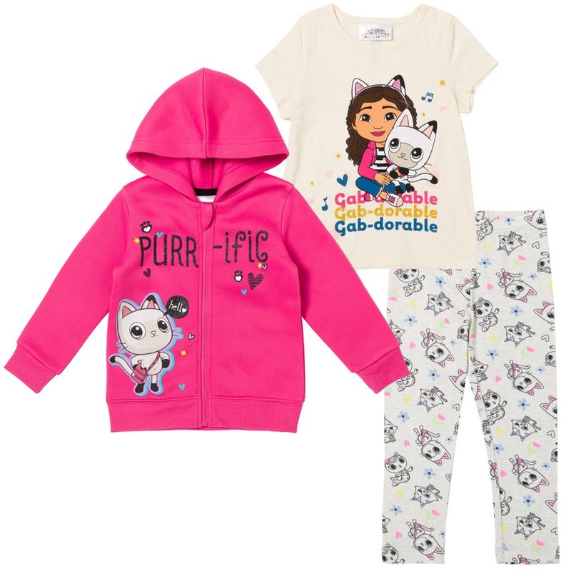 Gabby's Dollhouse Gabby Pandy Paws Girls Zip Up Fleece Hoodie T-Shirt and Leggings 3 Piece Outfit Set Toddler to Big Kid , 1 of 9