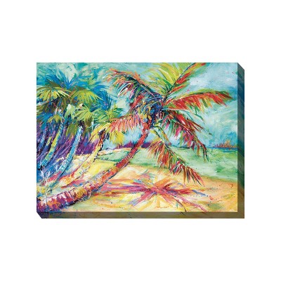 Cottage Garden West of The Wind Swanky Palm Blue, Green, Red 40 x 30 Inch Waterproof Gallery Wrapped Canvas, Outdoor Garden, Yard, Patio All Weather
