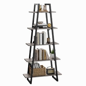 5 Tier Wood Bookshelf, Tall Open Rustic Etagere Bookcase Ladder, Standing Display Shelves for Home Living Room Bedroom Office Storage, Light Grey Oak - 1 of 4