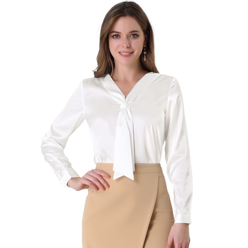Allegra K Women's Satin Tie Neck Long Sleeve Solid Color Elegant Office Work Shirt Top, 1 of 7