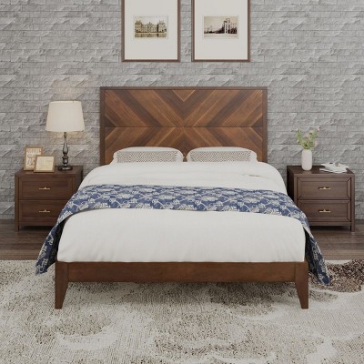Mid-Century Modern Size Bed Frame With Headboard,Walnut Frame Bed,Solid Wood Bed Frame-Cuddlewood