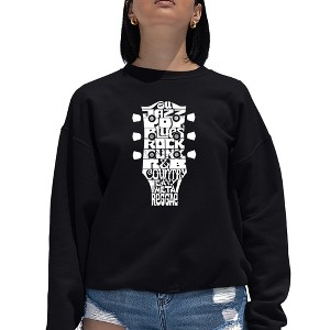LA Pop Art Women's Word Art Crewneck Sweatshirt - Guitar Head Music Genres - 1 of 4