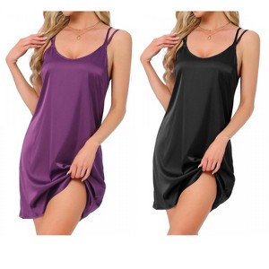 INSPIRE CHIC Women's 2 Pcs Double Strap Satin Nighty Chemise Slip Silky Sleep Camisole Dress - 1 of 4