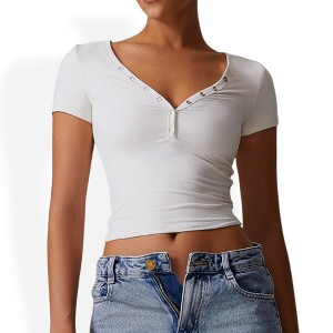 Anna-Kaci Women's Short Sleeve V-Neck Top with Grommet Details and Slim Fit for Everyday Casual Styles - 1 of 4