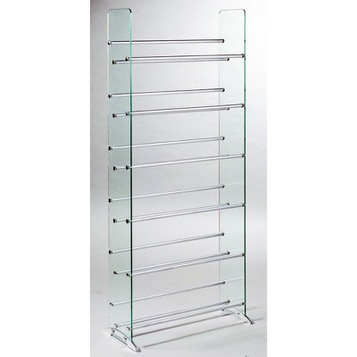 TransDeco Clear glass CD/DVD rack, 6 shelves in brushed silver/chrome caps