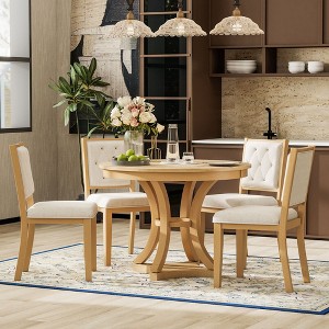 CAVINAS 5-Piece Retro Functional Dining Table Set,Extendable Round Dining Table with 4 Upholstered Chairs,Dining Set for Kitchen,Natural - 1 of 4