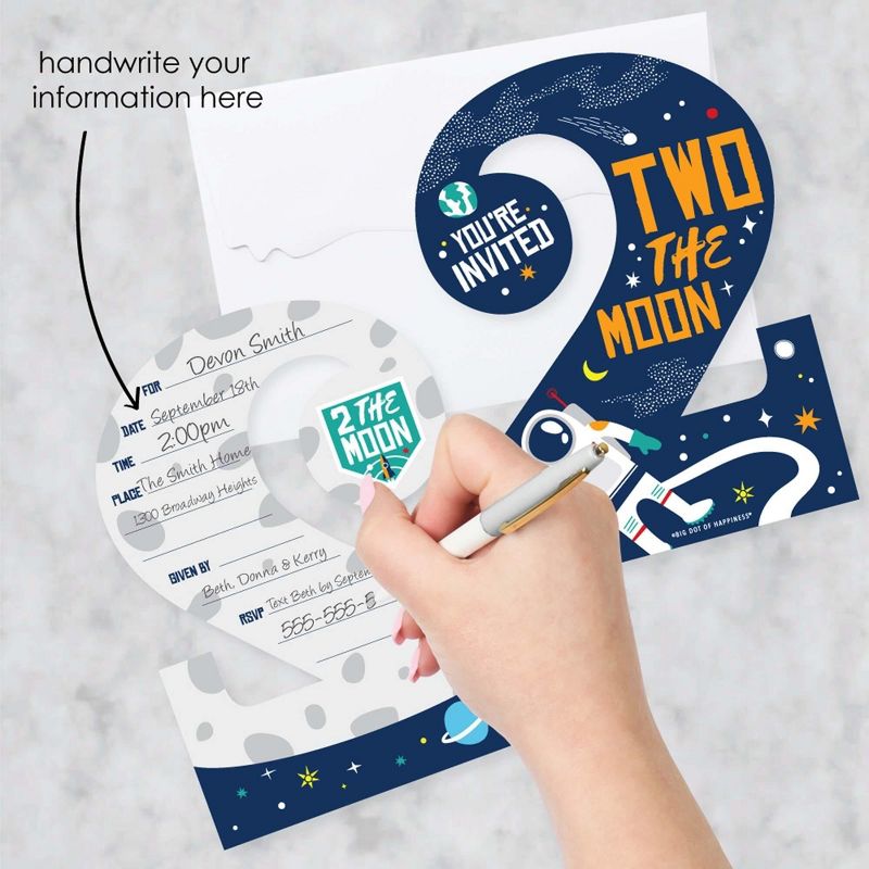 Big Dot of Happiness 2nd Birthday Two The Moon - Shaped Fill-in Invites - Space Second Birthday Party Invitation Cards with Envelopes - Set of 12, 2 of 8