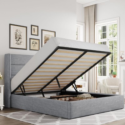 Allewie Lift Up Storage Bed, Button Tufted Headboard with Wingback, No Box Spring Needed, Hydraulic Storage, Modern