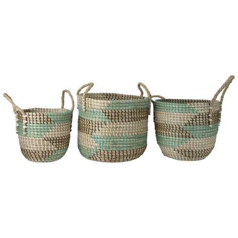 Hand Woven Rectangle Maize Storage Basket - Set of 3 - Baby Blue Stripes (Set of 3) Longshore Tides Color: Black