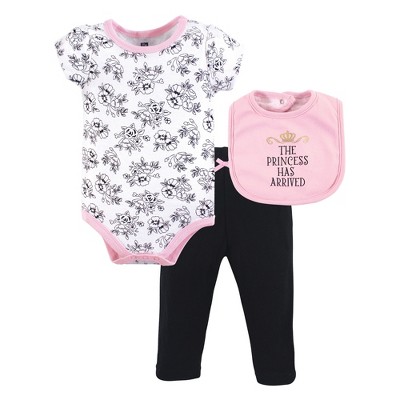 Hudson Baby Infant Girl Cotton Bodysuit, Pant and Bib Set, Princess, 6-9 Months