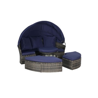 Cesicia 5 Pieces Outdoor Patio Round Daybed Furniture w/ Retractable Canopy, Soft Cushions, and Storable Table for Leisure in Porch Backyard