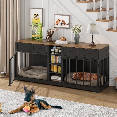 Homhougo 82" Large Dog Crate Furniture for 2 Dogs, TV Stand with 4 Drawers & Shelves, Indoor Dog Kennel