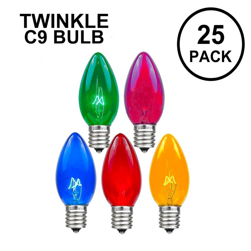 Novelty Lights Twinkle C9 Incandescent Traditional Vintage Christmas Replacement Bulbs 25 Pack, 2 of 5