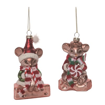 Transpac Glass Vintage Holiday Mouse Ornament Set of 2 Christmas Home Decorations