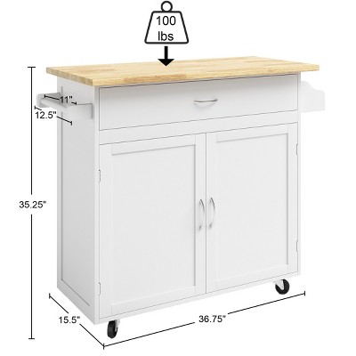 White and Oak Wood Rolling Kitchen Cart with Spice Rack and Storage