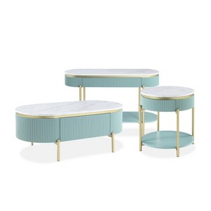 3pc Cartehena Faux Marble Coffee, Console, and End Table Set Light Teal Blue - HOMES: Inside + Out: Mid-Century Style, Gold Accents, Storage Drawer - 1 of 4