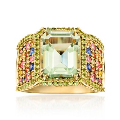 Ross-Simons 4.70 Carat Prasiolite Ring With 2.40 ct. t.w. Tsavorites and Multicolored Sapphires in 18kt Gold Over Sterling Size 7