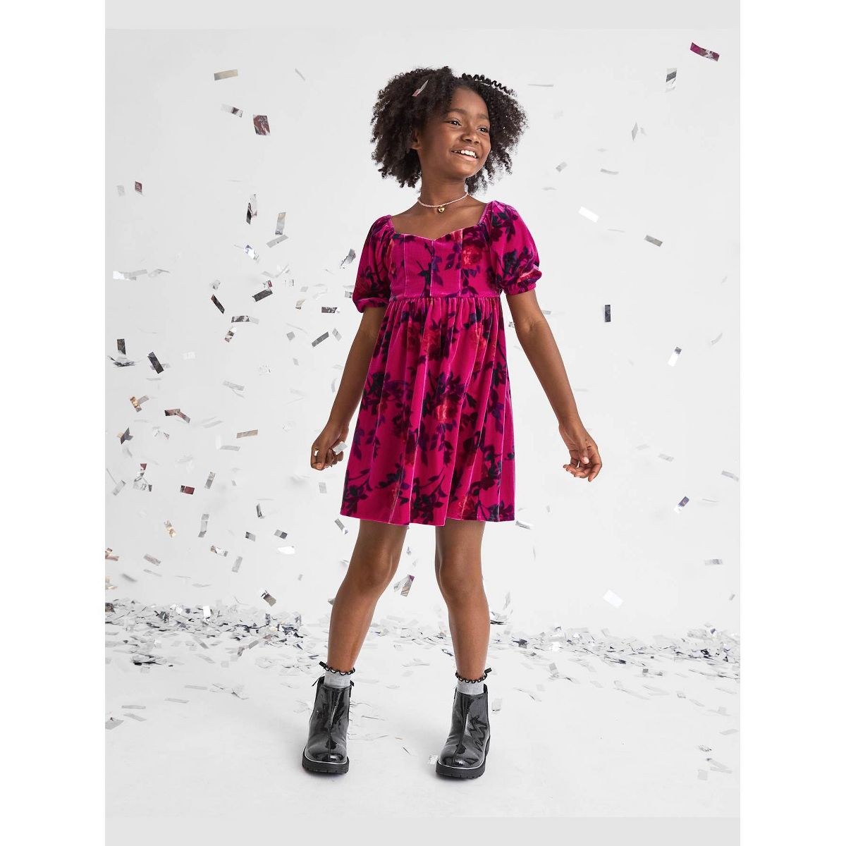 The Children's Place Girls Three Quarter Sleeve Floral Velour Corset Dress