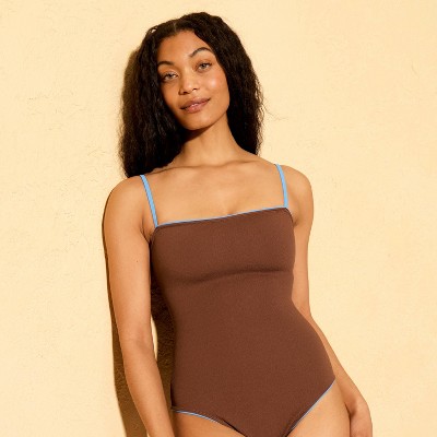 Женские купальники Shade & Shore Women's Crepe Piping Square Neck Medium Coverage One Piece Swimsuit - Shade & Shore™ Brown L — фото 2