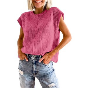 Womens Cap Sleeve Sweater Vest Crew Neck Knit Sleeveless Tank Tops Casual Lightweight Pullover Sweaters - 1 of 4