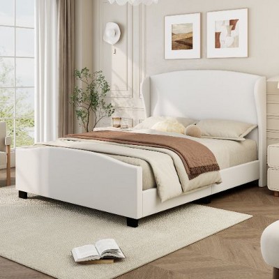 CAVINAS Full Size Bed Frame with High Headboard Wingback, Linen Upholstered Bed Frame with Upholstered Headboard