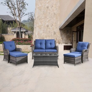 POCASSY 6 Piece Patio Furniture Set, All Weather Wicker Rattan Patio Lovseat Sofa Set with Wicker Patio Chair, Coffee Table and Ottoman - 1 of 4