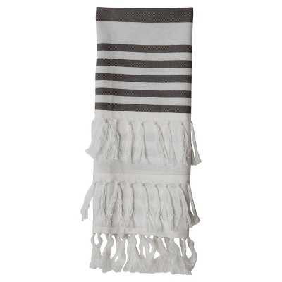 Gray Striped 27 x 18 Inch Woven Kitchen Tea Towel with Hand Sewn Fringe - Foreside Home & Garden