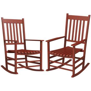 Outsunny Wooden Rocking Chair Set, Curved Armrests, High Back, Slatted Seat Outdoor Rocker Set, Red