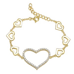 Guili 14K Yellow Gold Plated Sterling Silver Heart Halo Charm Bracelet, Stunning Cubic Zirconia Stones for a Romantic, Elegant Touch - 1 of 3