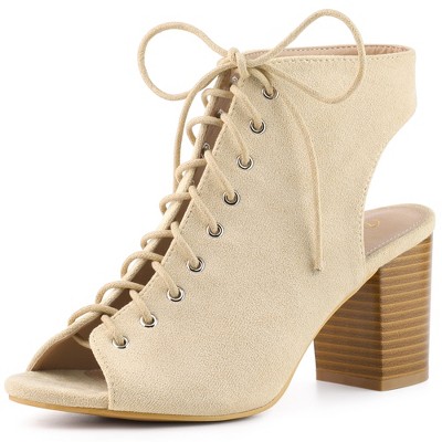 Allegra K Women's Lace-up Slingback Peep Toe Block Heel Ankle Boots