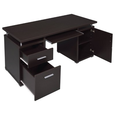 Cappuccino Brown Wood Office Desk with Drawers and Keyboard Tray