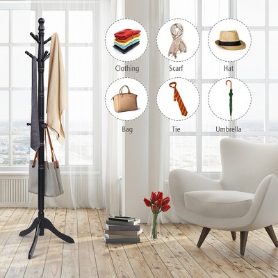Adjustable Black Rubber Wood Coat Rack with 9 Hooks
