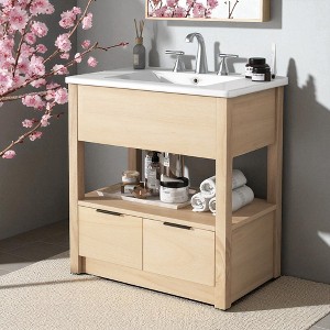 30" Bathroom Vanity with Ceramic Sink, Solid Wood & MDF Cabinet with 2 Drawers & Open Shelf, Freestanding, Natural Finish - 1 of 4