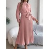 Women Pleated Dress Long Sleeve Stand Up Collar A-Line Flowing Dress With Belt - 4 of 4