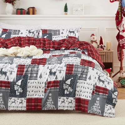Christmas Comforter Set, Reversible Printed 3 Pieces Bed Set Holiday Decorative Bedding, Soft Microfiber Fabric
