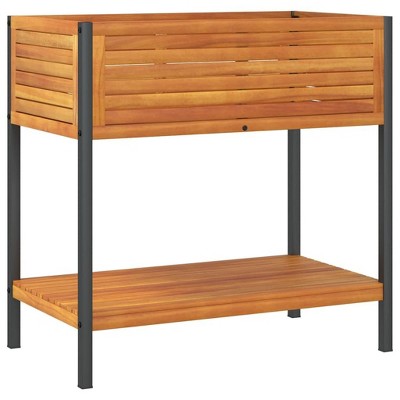 vidaXL Garden Planter with Shelf - Solid Acacia Wood and Steel, 31.5"x17.7"x31.5", Outdoor/Indoor Flower Box, Weather-Resistant, Brown