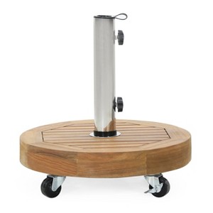 GDFStudio Bucy Outdoor 33 lb Acacia Wood Circular Umbrella Base with Stainless Steel Tube, Teak - 1 of 4