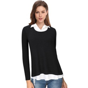 Coolmee Women's Tunics Tops Long Sleeve Contrast Collared Shirts Patchwork Work Blouse - 1 of 4