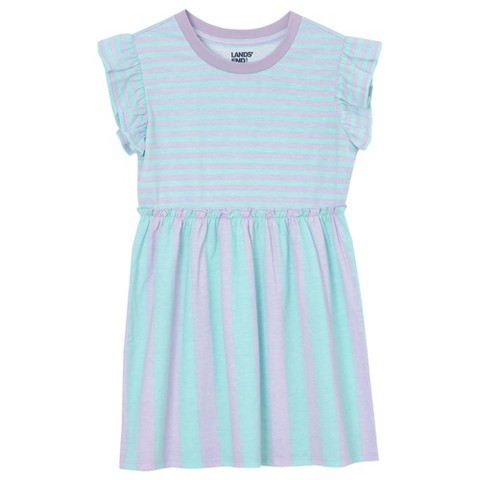 Lands' End Kids Short Sleeve Gathered Waist Tunic Top - Medium - Aqua Lilac Stripe